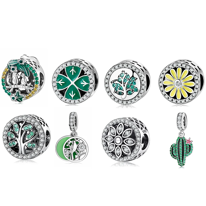 925 пробы серебра Древо жизни цветы Зеленые Циркон кактус ювелирные драгоценные