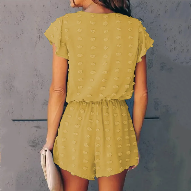 

2021 Summer New Style V-Neck Short-Sleeved Women's Loose Fashion Solid Color Embroidered Polka Dot Jumpsuit Oversized Rompers