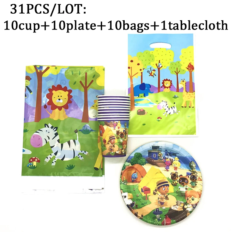 

Animal Crossing Party Disposable Tableware Plate Cup Flags Tablecloth Kids Birthday Party Baby Shower Decorations Supplies Set