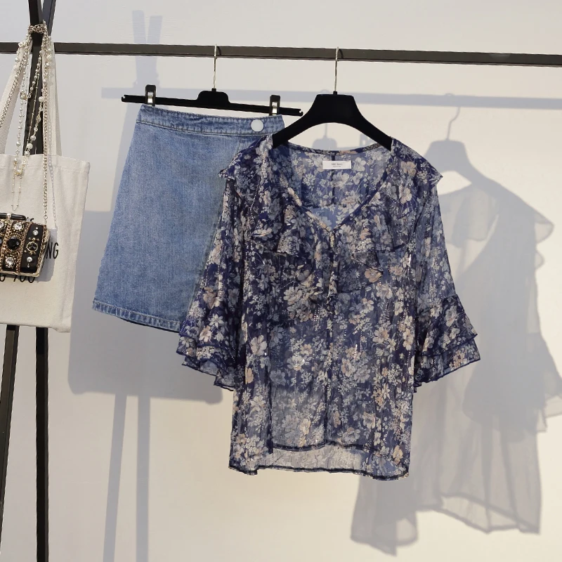 Летние Элегантные шифоновые топы размера плюс женский комплект 2 шт. с цветочным