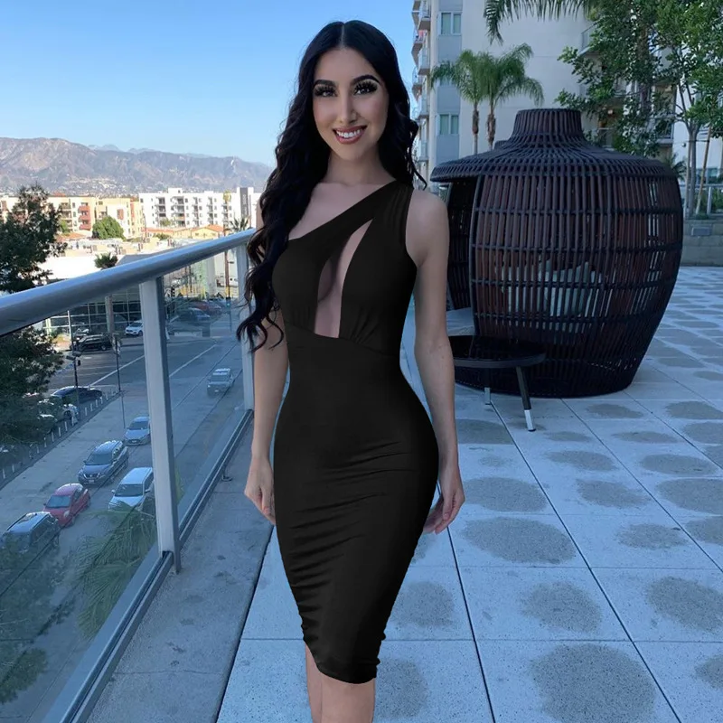 Женское платье-миди с одним открытым плечом до колена | Женская одежда