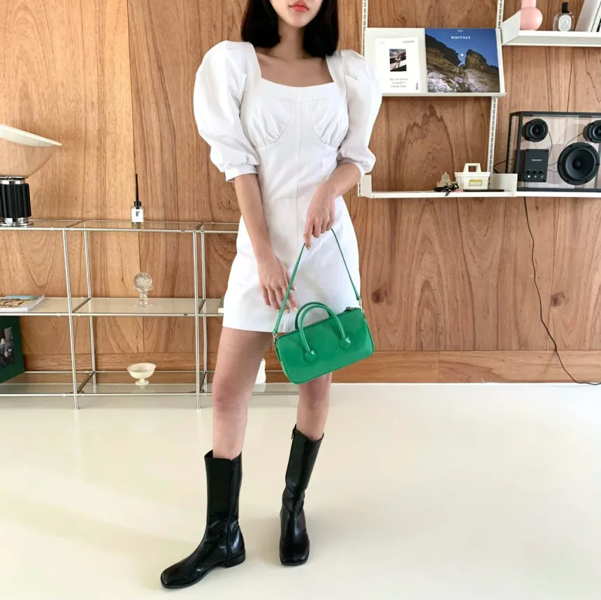 

Korejpaa Women Dress 2021 Summer Korean Chic Girl French Retro Square Collar Waist Slimming Puff Sleeve Solid Color Hip Vestidos
