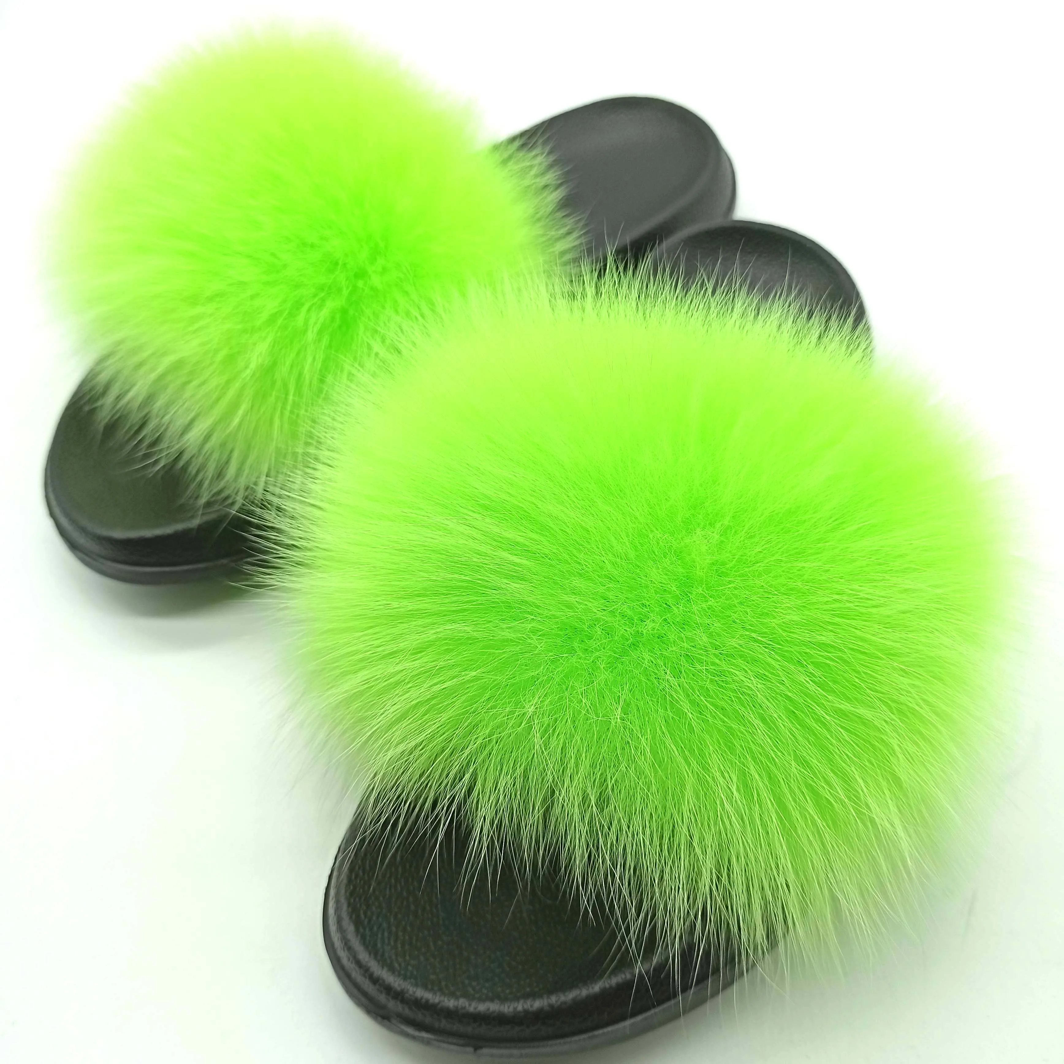 

Women‘s Summer Real Fox Fur Slippers Ladies‘s Fashion Flip-flops Flat Home Plush Female Shoes Women Solid Color Fox Fur Slippers