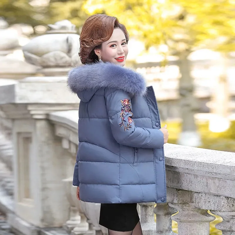 Middle-Aged Elderly Women Cotton Jacket Mother Wears Winter New Down Cotton-Padded Coats Short Embroidered Cotton-Padded Coat