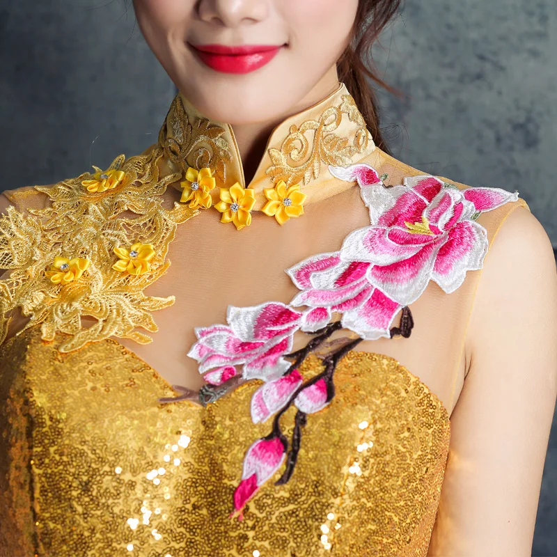 Темно-красный Для женщин Русалка Cheongsam Длинные вечерние платья с воротником