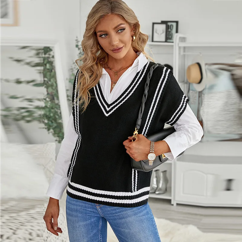 

Осень-зима 2021, Однотонный свитер, жилет, Женская Повседневная внутренняя одежда, пуловер, верхняя рубашка в британском стиле, для поездок