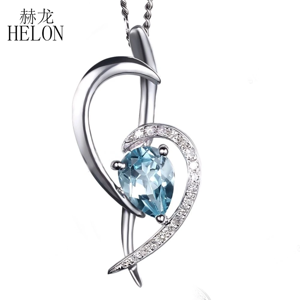 HELON Solid 14K белое золото груша 1.56ct натуральный, небесно-синий топаз и Алмаз Кулон помолвка свадебные женские ювелирные изделия кулон