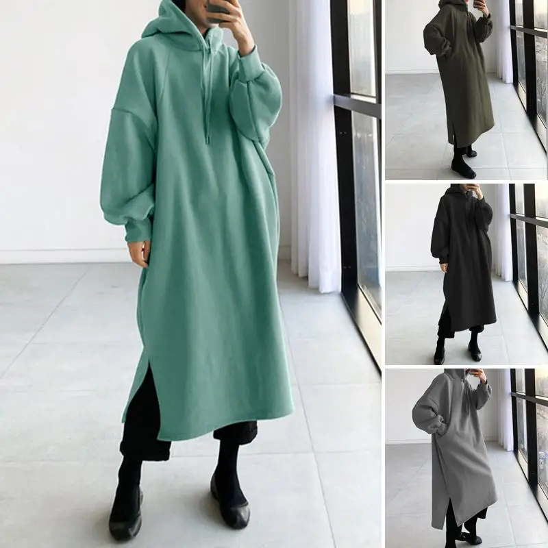 

2021 Autumn Fashion Hooded Sweatshirt Dress Women Hoodies Long Sleeve Sundress Casual Solid Loose Vestido Long Pullover