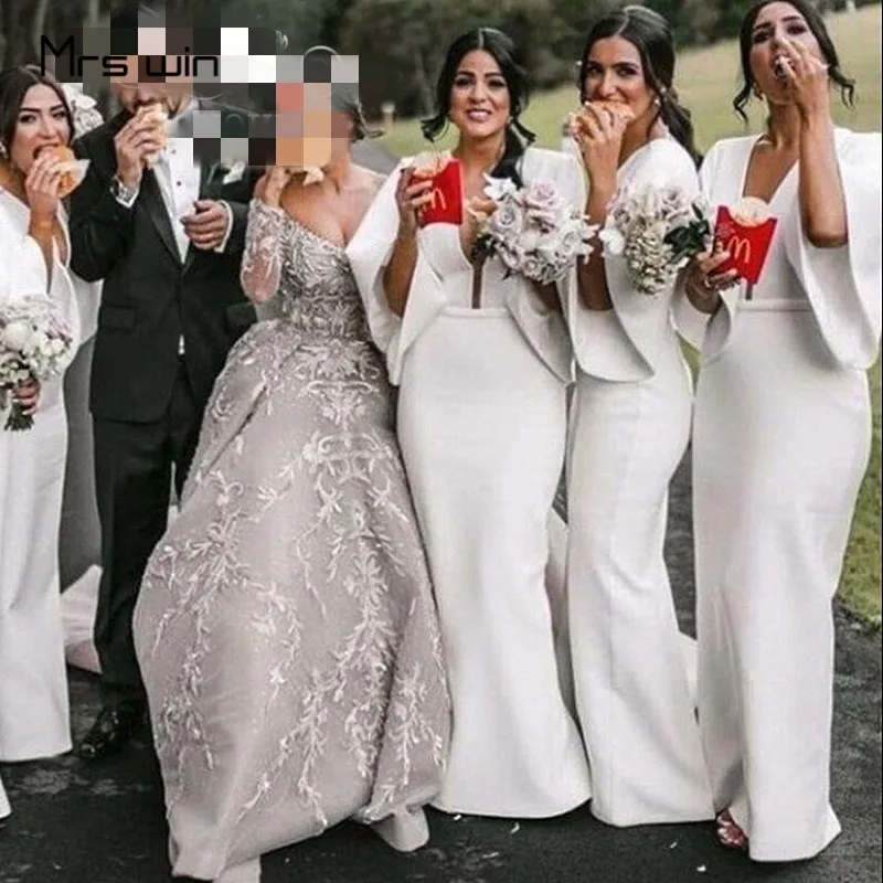 

Mrs win Bridesmaid Dress Plus Size Backless Back Split Elegant Wedding Guest Dress HR205 Mermaid Half Sleeves Vestido Madrinha