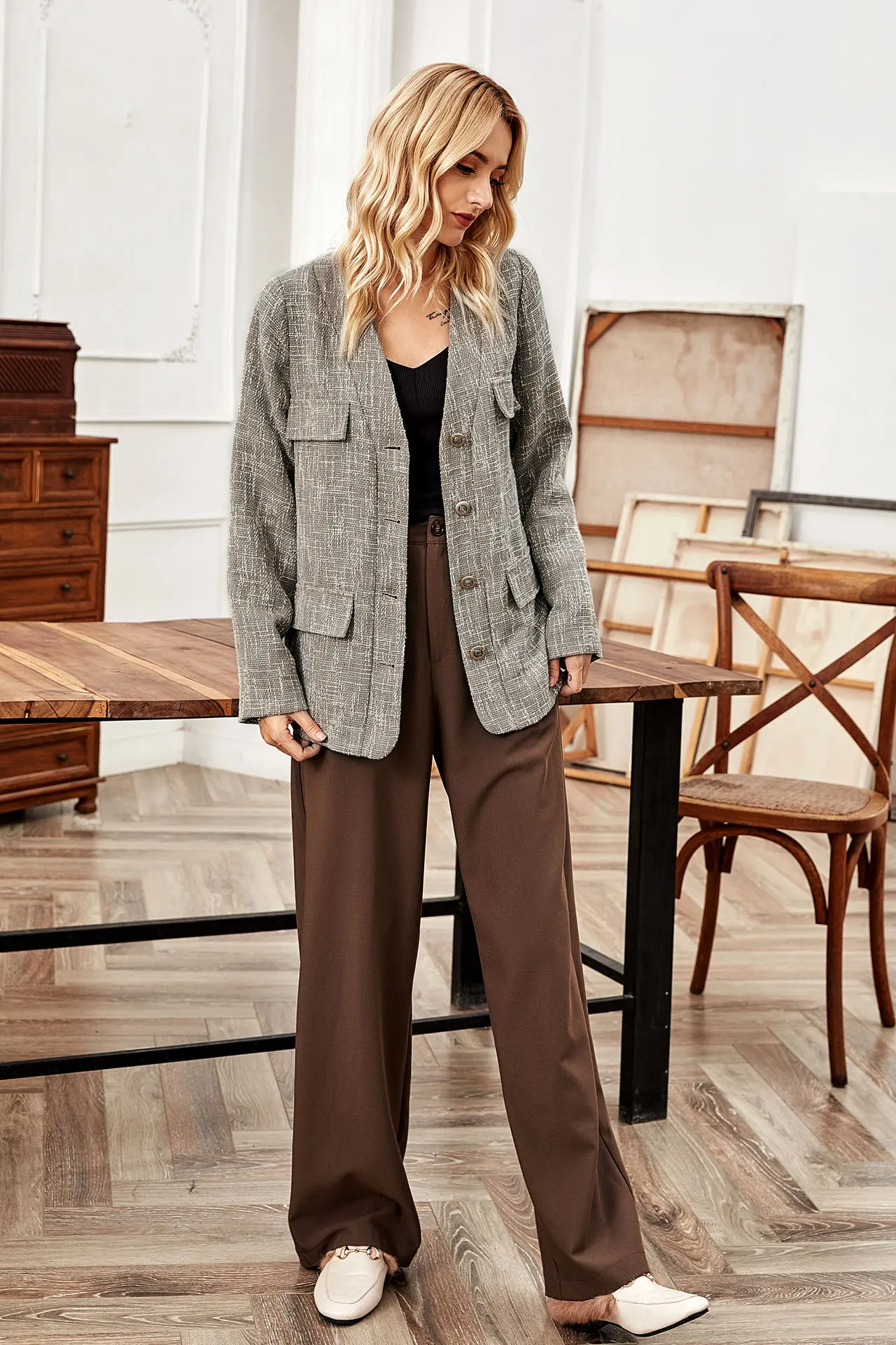 

TRODEAM New 2021 Winter Spring Women's Blazers Plaid Double Breasted Pockets Formal Jackets Outerwear Linen Tops