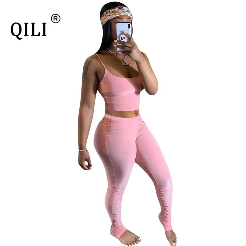 

QILI Summer Jumpsuit Womens Rompers Crop Top + Pants Set Jumpsuits Casual Two Piece Outfits Pink Red Black Yellow