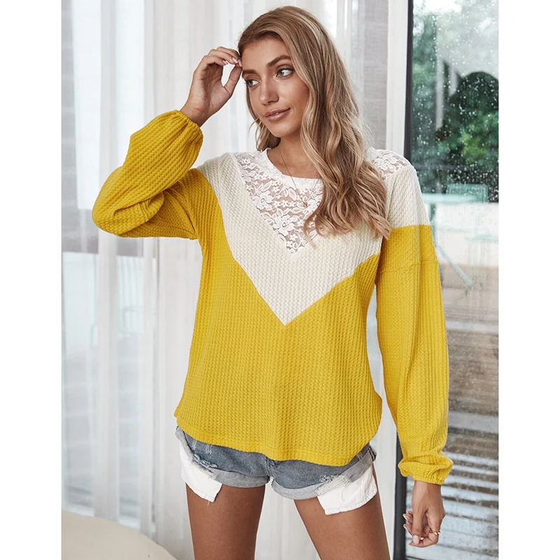 

Women'S Autumn Long Sleeve Sweater Sexy Stitching Sweater Female Fashion Loose Lace Tops
