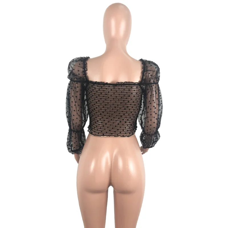 

Women Sexy Polka Dot Tshirt Sheer Mesh Backless Perspective Long Puff Sleeve Shirts Causal Square Neck Elegant Harajuku Tees