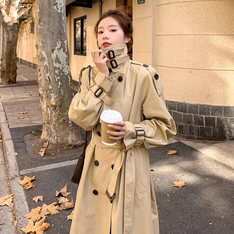 

2021 New Spring Autumn Women Trench Coat Long Double-Breasted with Belts Flaps England Style Duster Coat Cloak Female Outerwear