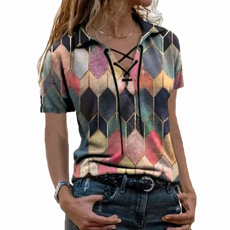 

Summer European and American Cross-border Women's New Style Urban Casual Top Loose Print Short-sleeved Lace-up V-neck T-shirt