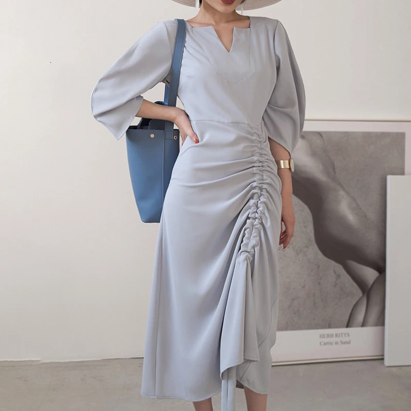 GALCAUR Drawstring Ruched женские платья три четверти рукав с высокой талией Асимметричные осенние платья Женская мода одежда