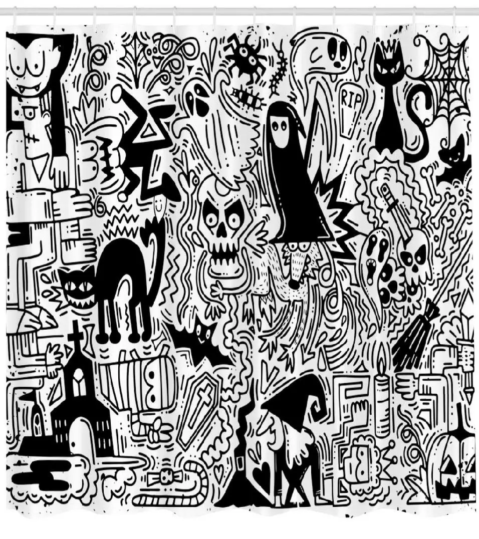 Doodle Halloween Pattern with Pumpkin Cat Ghost Fabric Bathroom Shower Curtain | Дом и сад