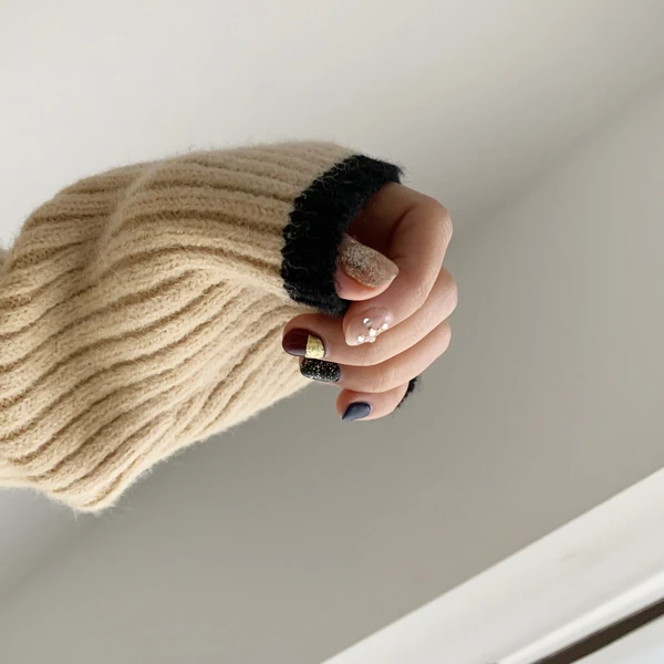 

Vintage Contrast Color Square Collar Knitted Sweater Korean Puff Long Sleeve Short Knitwear Pullovers Full Autumn Women Tops