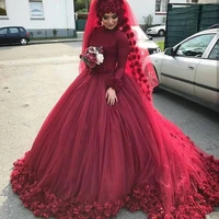3d flower burgundy muslim wedding dresses 2019 arabic plus size islamic hijab ball gown long sleeves tulle kaftan turkey bridal