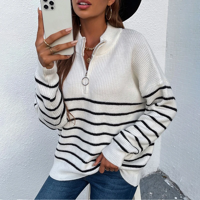 

Autumn and Winter 2021 Striped Color Matching Sweater Women's European and American New Zipper Open Chest Knitted Pullover Top