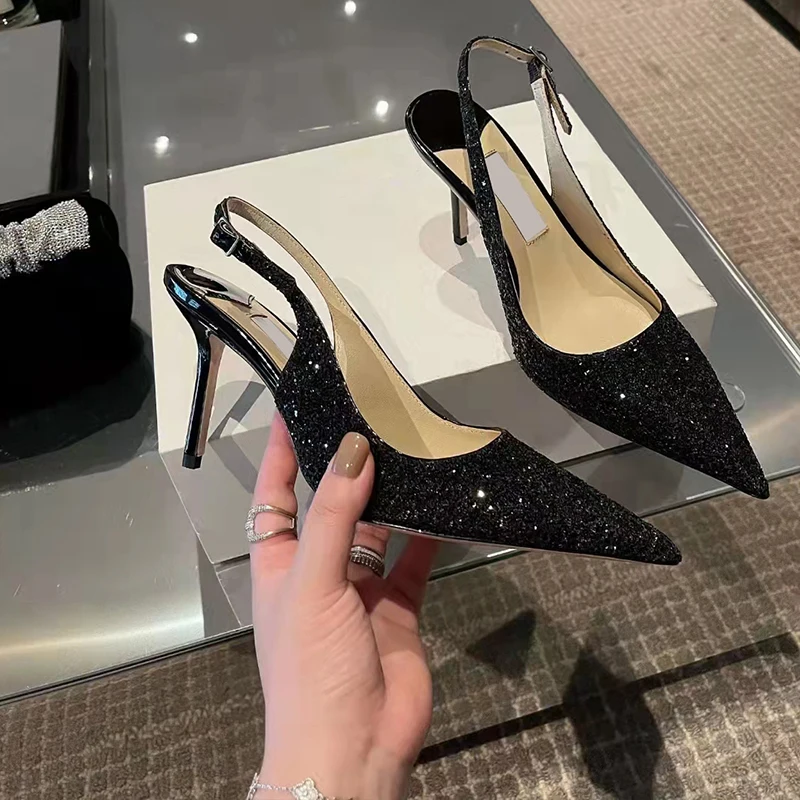

Stiletto pointed high heels GOLD SEQUIN high heels banquet fairy shoes Sequin Bridesmaid shoes French medium heel sandals women'