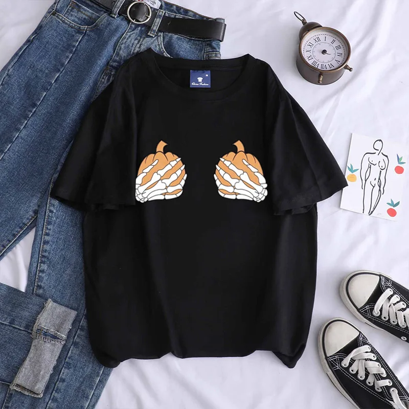 

Summer Casual Halloween Pumpkin Printed Round Neck Ladies Short Sleeve Cotton T-Shirt Casual All-match Trend Sports Top Unisex