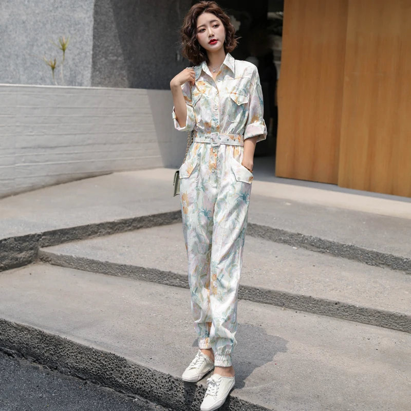 New Autumn  Spring  Women Belt Tunic Print Jumpsuits Female High Waist Harem Trousers Overalls Romper Holiday Long Playsuit