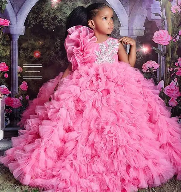 Luxury Pink Flower Girls Dresses For Weddings Organza Pageant Quinceanera Dresses for Little Girls First Communion Dress