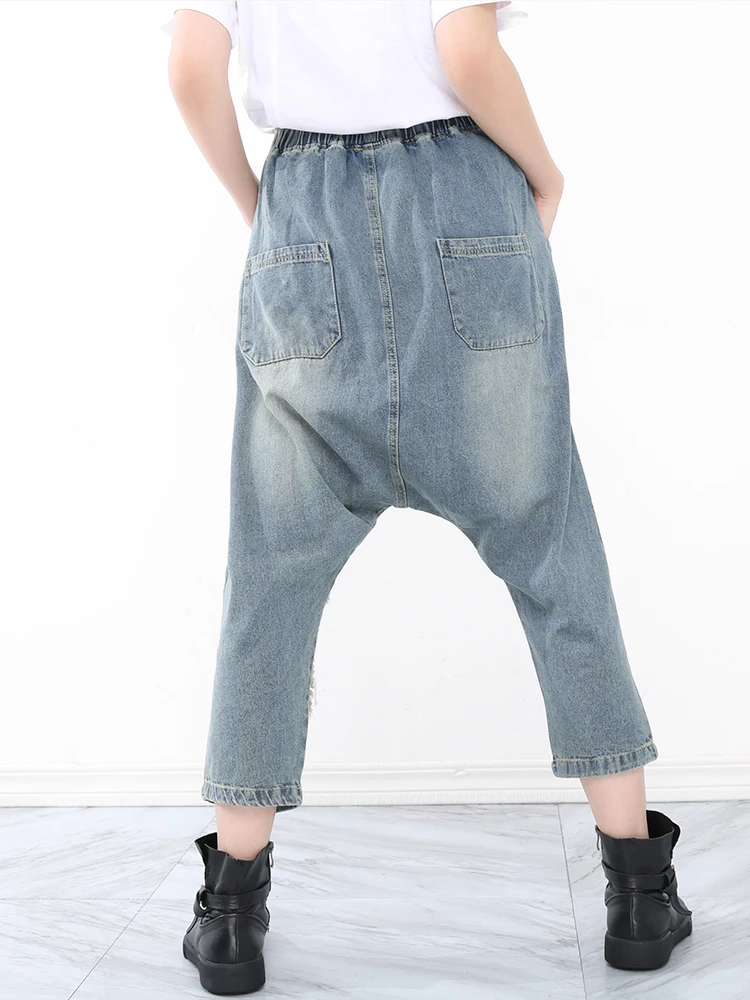 

SHENGPALAE Fashion Hole Contrast Color Jeans Women's High Elastic Waist Loose Streetwear Ankle-length Denim Pants Female OA723