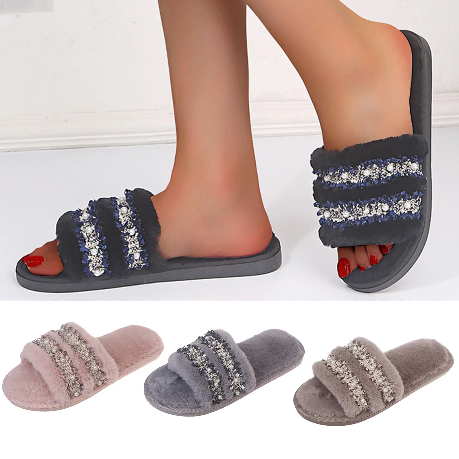 

Fashion Women Slippers Winter Open Toe Lady Pearl Decoration Casual Shoes Female Flat-Bottomed Non-Slip Indoors Plush Flats