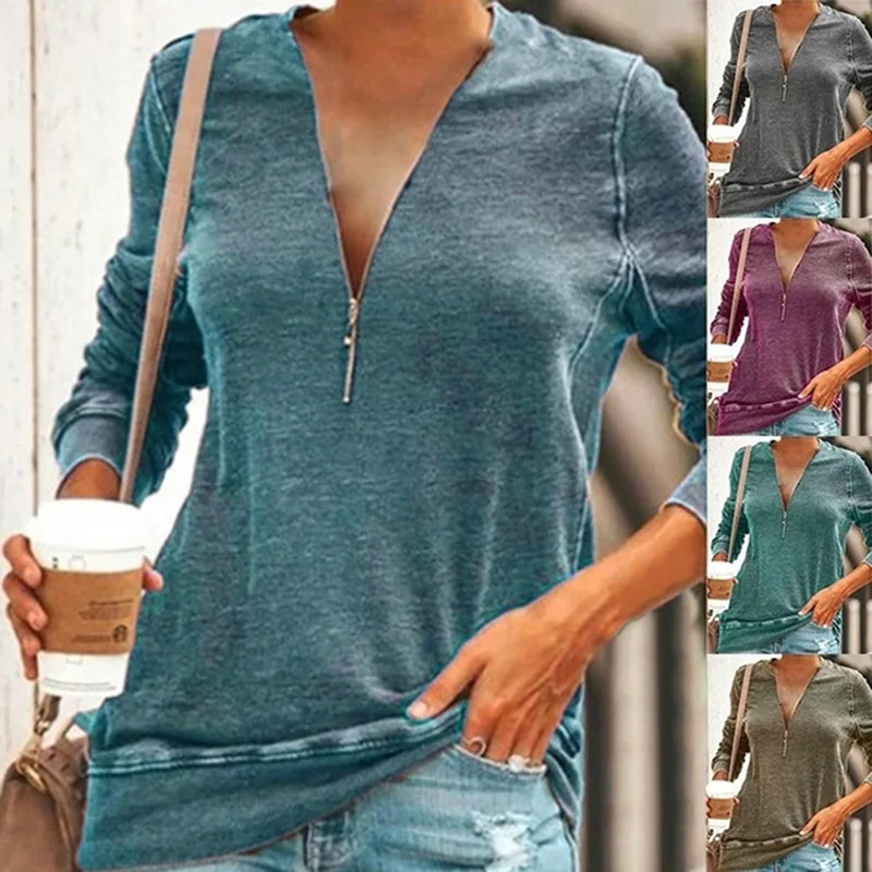 

2019 Cross-border Foreign Trade Autumn and Winter Women's Hot Style Zipper V-neck Stitching Long-sleeved T-shirt Women Solid