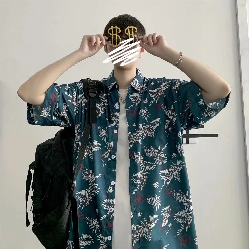 Ruffian Shuai black shirt men's summer thin Hawaiian short sleeve floral design shirts vintage clothes Low price At a loss | Мужская