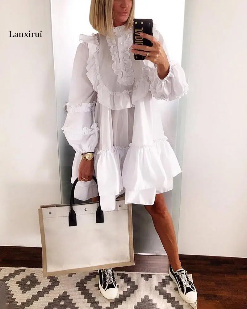 

Женское шифоновое платье до колен, элегантное белое однотонное платье с высоким воротом и длинным рукавом, с оборками, осень 2019