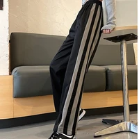striped casual sports pants womens autumn loose black high waist straight pants spring and autumn wide leg pants