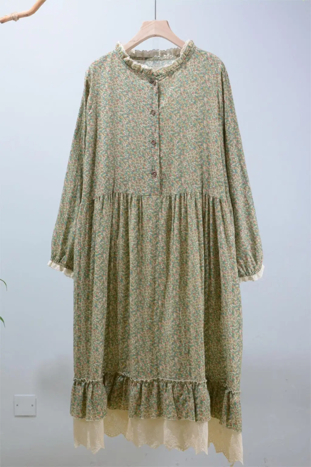 

Spring Summer Thin Cotton Floral Round Neck Lace Collar Women'S Large Size Long Long-Sleeved Dress Fairy