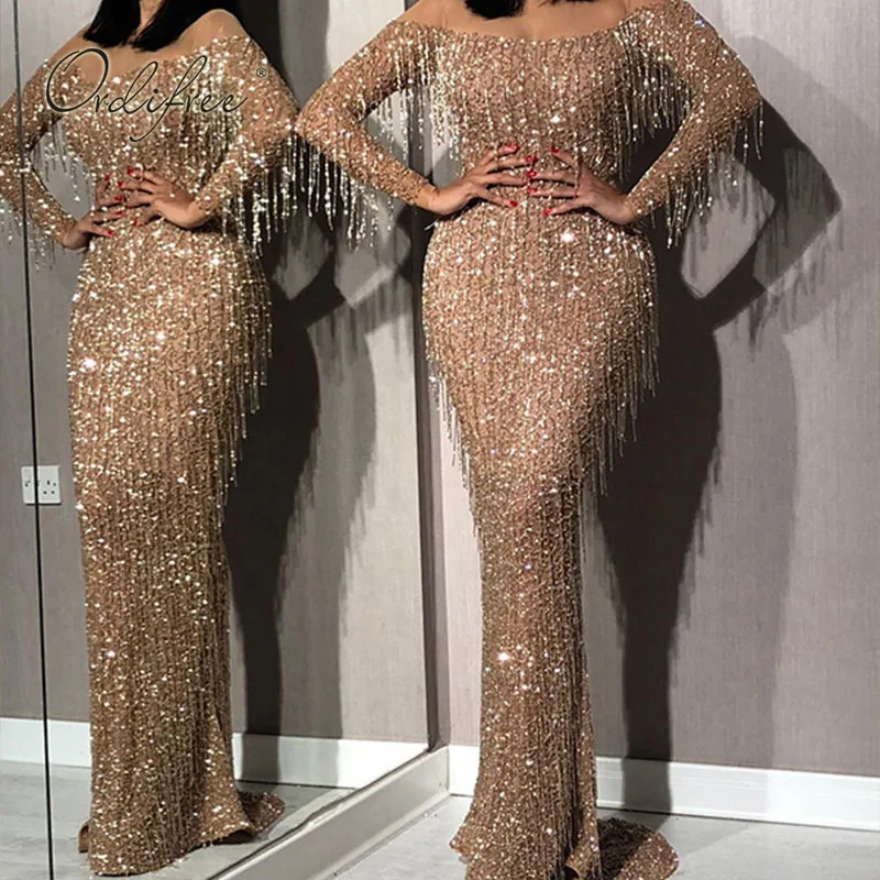 

Ordifree 2022 Summer Autumn Women Maxi Party Dress Long Sleeve Sexy Bodycon Tassel Sequin Long Dress