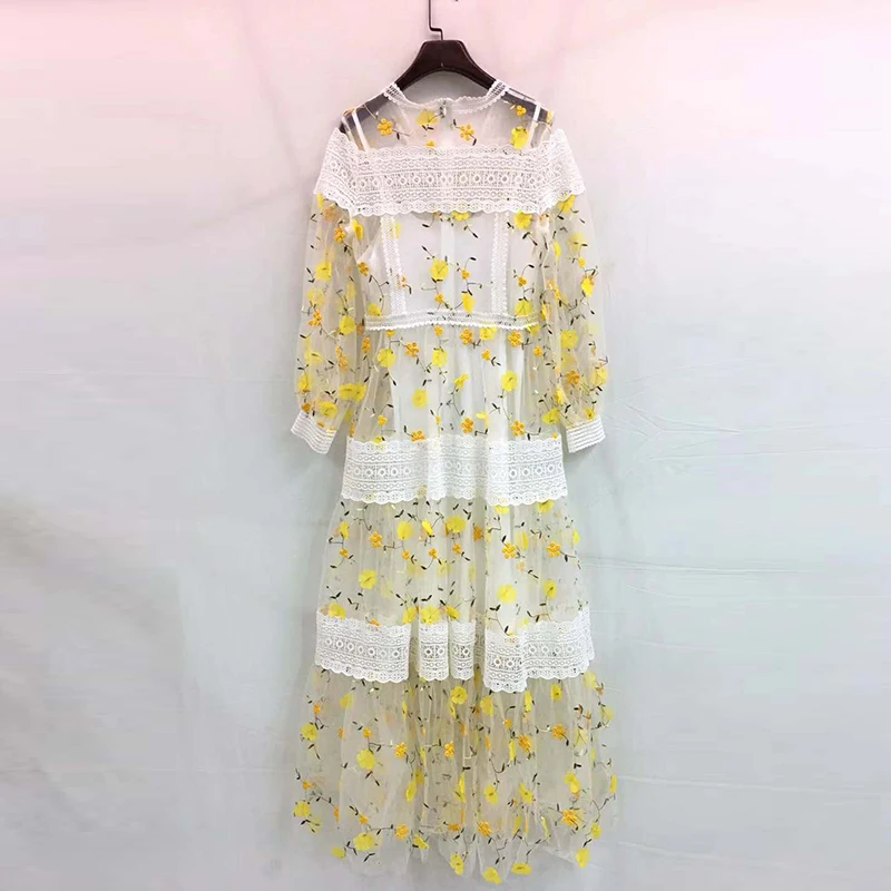 

Size Luxury Plus 2021 Spring Summer Lantern Sleeve Women High Quality Yellow Flower Embroidery Party Dress
