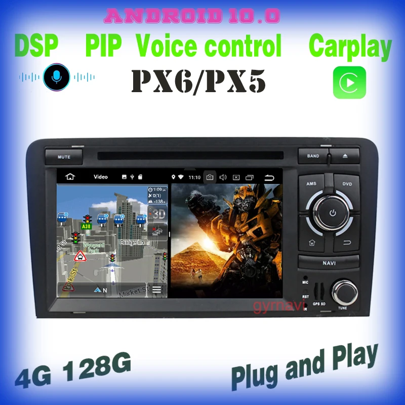 

PX6 Android 10,0 автомобильный DVD GPS Голосовое управление для Audi A3 S3 RS3 2003 2004 2005 2006 2007 2008 2009 2010 2011 2012 carplay 4 + 128 ГБ