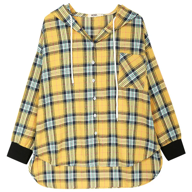 

Medium long Plaid Hooded cotton 100% Shirt for women's 2021 spring new loose and versatile long sleeve top clothes size M L XL