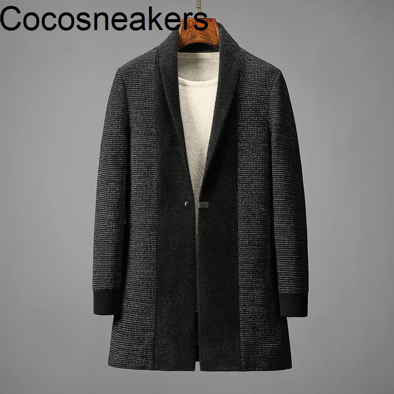 

Gentleman business thickened warm snowflake color three-dimensional jacquard men's medium and long green fruit collar knitted