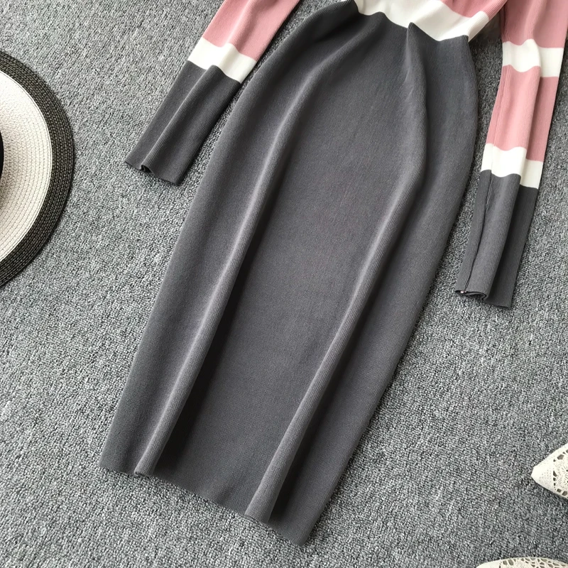 ALPHALMODA осенне-зимнее женское трикотажное платье хит цвета новое ретро с высокой талией цветное с длинным рукавом тонкое трикотажное цельное платье