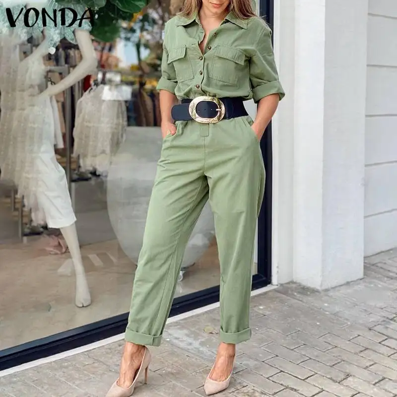 

Loose Long Jumpsuits VONDA Autumn Women Long Sleeve Solid High Waist Harem Pants With Pockets Buttons Party Oversized Playsuits