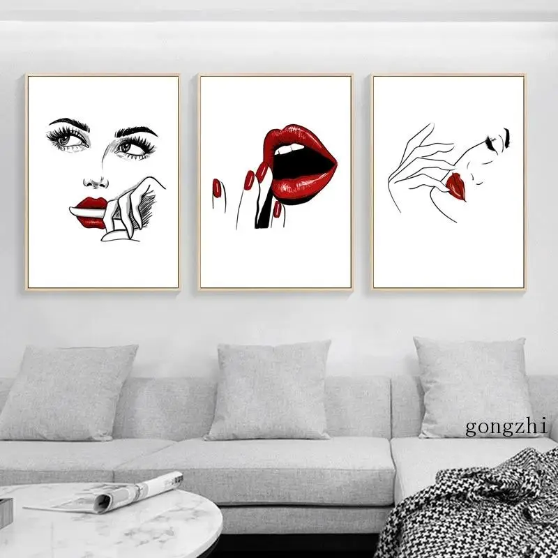

Sexy Fashion Lady Nordic Makeup Poster Red Lips Abstract Line Canvas Painting and Prints Wall Art Pictures Girls Room Home Decor