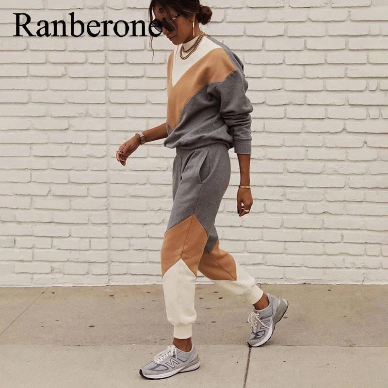 

Ranberone Casual Sport 2021 Matching Sweater Suit Women Tracksuit Long Sleeve Loose Sweatshirt And Joggers Pants Two Piece Set