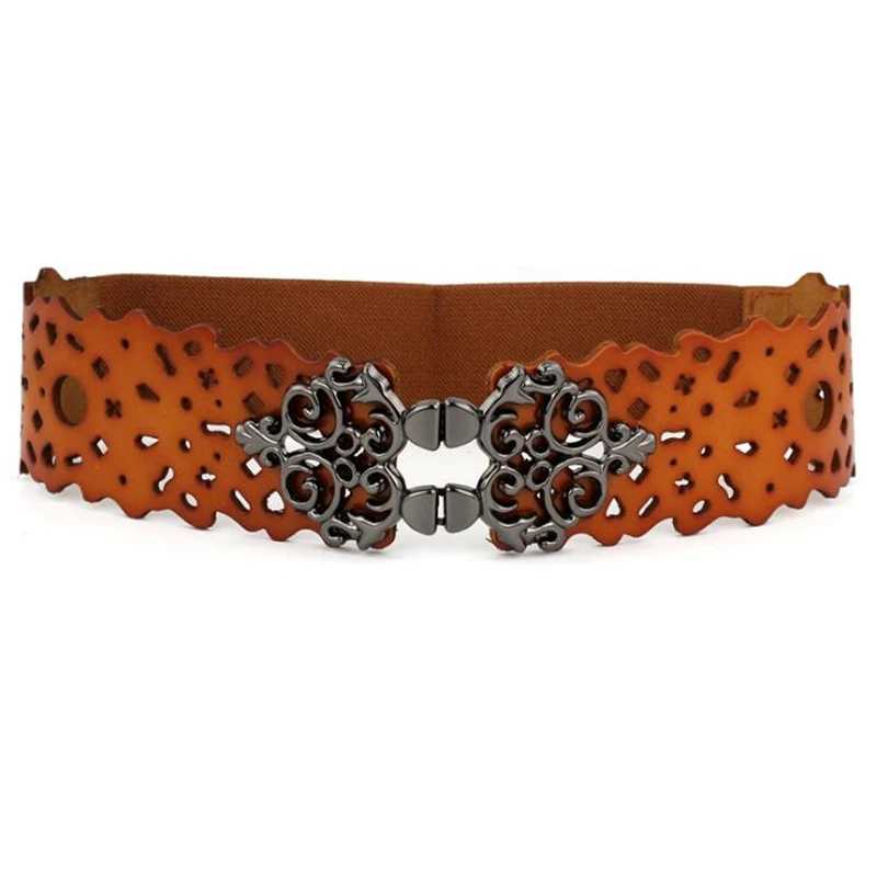 

2020 Fashion Retro Leather Belts for Women Openwork Wide Girdle Dress Wild Casual Elastic Girdle High Quality Belts