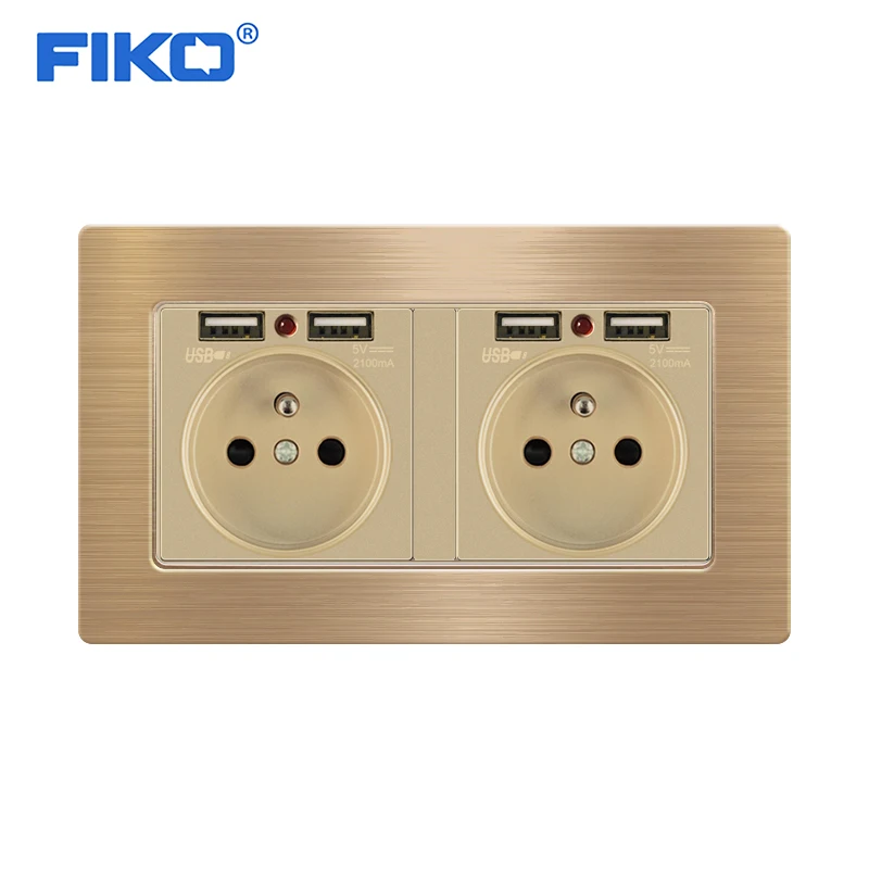 FIKO   2gang EU French standard with double USB146*86mm?stainless steel panel wall socket double frame socket with USB