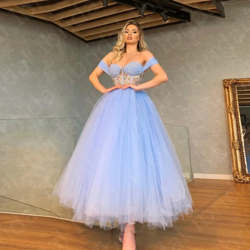 

New Gorgeous Ball Gown Prom Party Dresses Sky Blue Off Shoulder Wedding Guest Gowns Sweetheart Party Gowns Beading Bodice 2021