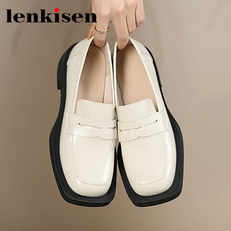 

Lenkisen 2022 spring causal loafers cow split leather square toe patchwork thick bottom med heel splicing high quality pumps l11