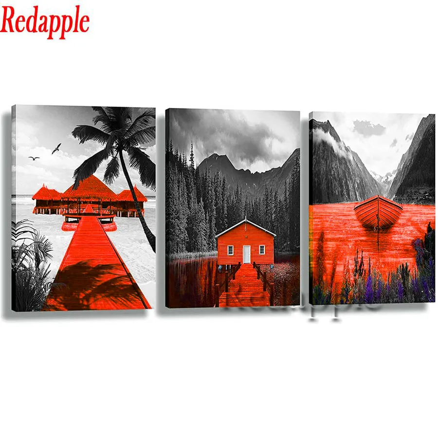 

Full Square Diamond Embroidery red white black hut boat beach Mosaic Handicraft Diamond Painting Cross Stitch 3 pcs Home Decor