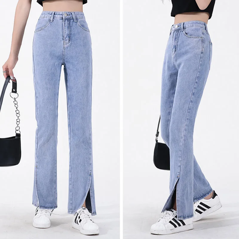 

Джинсы женские весенние, с высокой талией, на пуговицах, однотонные, повседневные, с разрезом спереди, зауженные, уличные, прямые, универсаль...